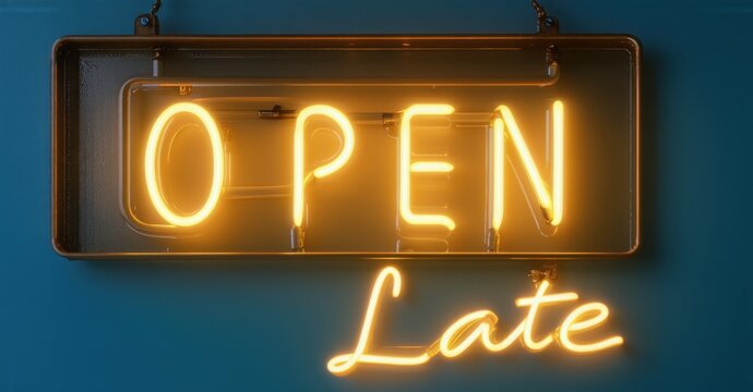 Neon sign reading Open Late glowing in warm golden and pink hues surrounded by a blue light frame The inviting ambiance evokes nightlife late night dining and urban energy