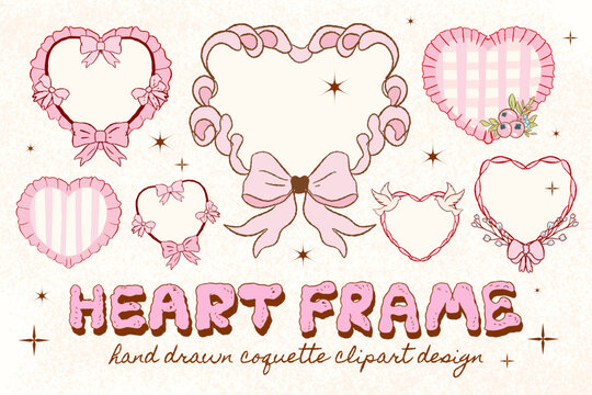 Heart frame with bow and ribbons. Hand Drawn red coquette borders for wedding invitations. Whimsical lace frames, Pink frame, ruffle heart border, girly clipart, Dolce vita, Valentine coquette, ribbon