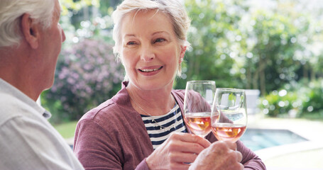 Family, toast and mature couple with wine, brunch and celebrate holiday or vacation together. Love, cheers and retirement for man, woman and happy people bonding at lunch with alcohol beverage