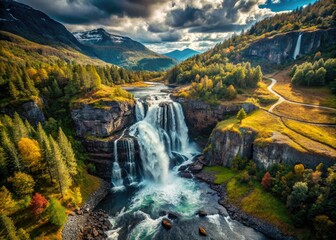 Norway's Mardalsfossen: a breathtaking 4K vintage aerial view of stunning waterfall landscapes.