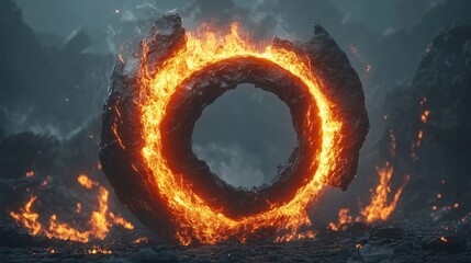 Luminous Lava Ring Erupting from Molten Rock in a Dark Geological Landscape