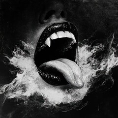 An isolated black and white vampire mouth with tongue out illustration style fantasy.