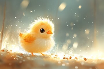 Cute fluffy chick stands in warm light among scattered seeds in a cozy environment, radiating innocence and joy