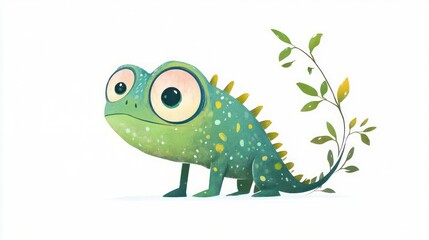Obraz premium Cute green chameleon illustration, leaves, white background, children's book