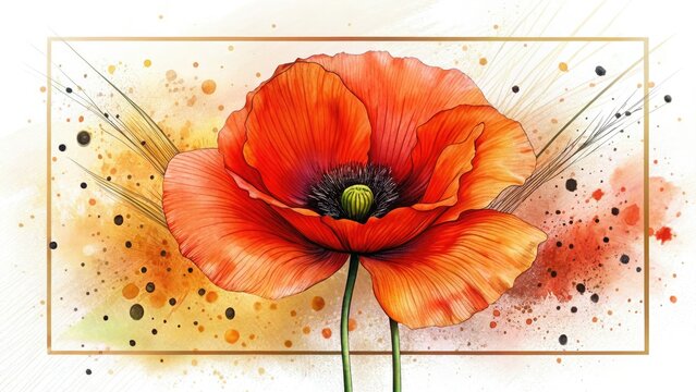 Panoramic poppy linart poster: abstract spots on white, botanical art print with a thin frame.