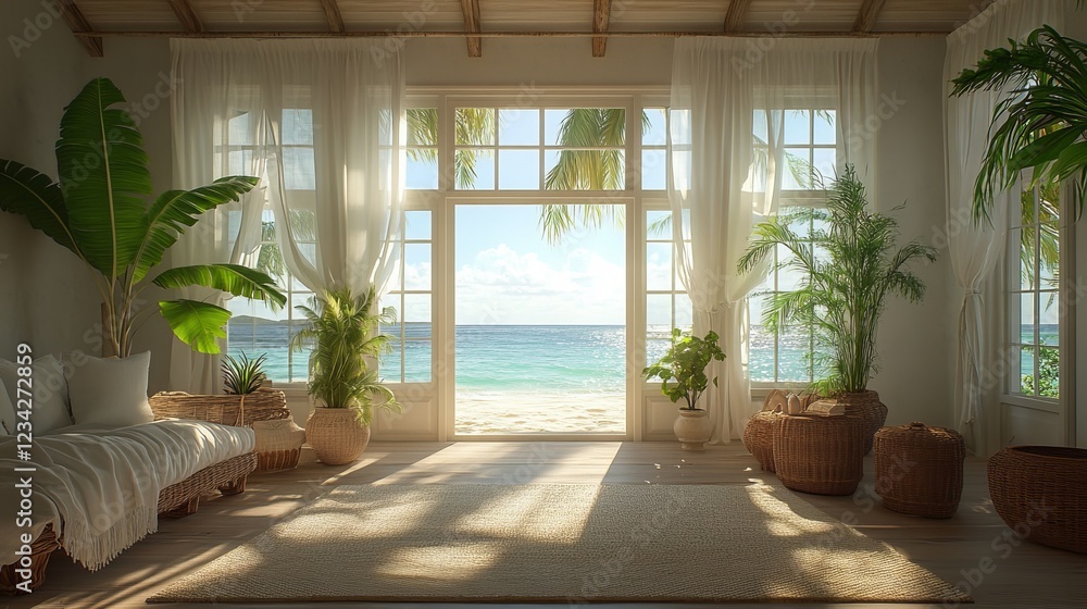 Poster bright and airy room with expansive window showcasing breathtaking ocean view inviting natural light