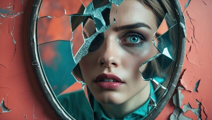 Woman's face in broken mirror,teal and red