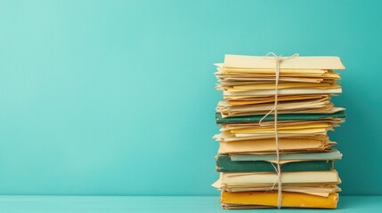 Stacked Document Folders Tied with String on Bright Teal Background