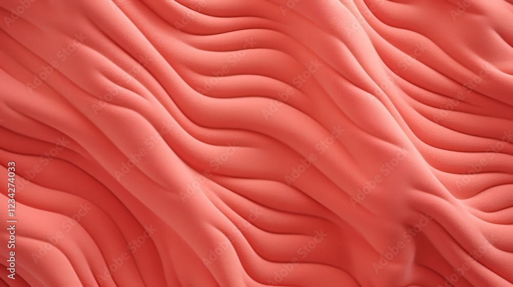 Poster closeup view of soft coral fabric with fluid wave patterns ideal for backgrounds and textures in des