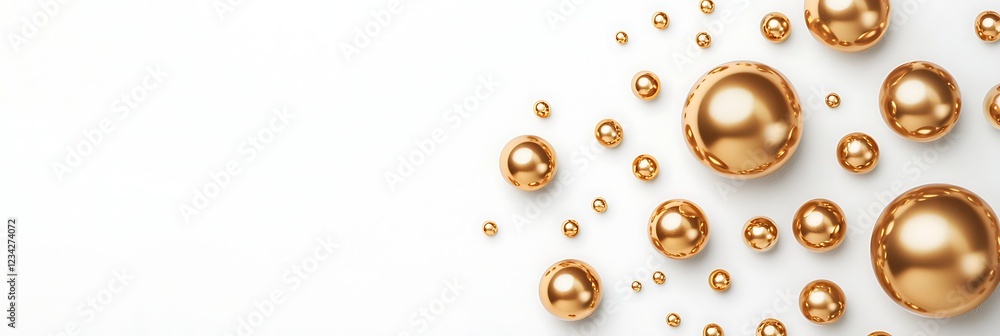 Poster a collection of golden spheres of various sizes arranged on a white background, creating a luxurious
