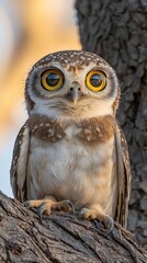Obraz premium HD Phone Wallpaper Adorable Spotted Eagle Owl Perched on Tree Branch Wildlife Closeup Bright Yellow Eyes