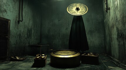 Mysterious Gold Decorative Object in Dimly Lit Abandoned Warehouse Space with Dark Atmosphere