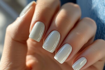 Hand with Glossy White Manicure over Soft Denim Fabric