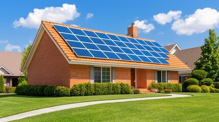 Fototapeta premium Brick House With Solar Panels On Roof Under A Sunny Sky