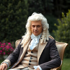 18th century European nobleman, man in his 40s. Wearing a curly white wig and a fancy suit. Sitting on a classic chair in the garden. Elegant and classy feeling. Generative AI.