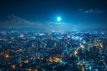 Fototapeta premium City skyline illuminated by the moon and city lights at night in a bustling urban area