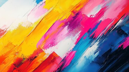 Vibrant abstract painting featuring bold strokes in pink, yellow, and blue, perfect for modern decor and artistic expression.