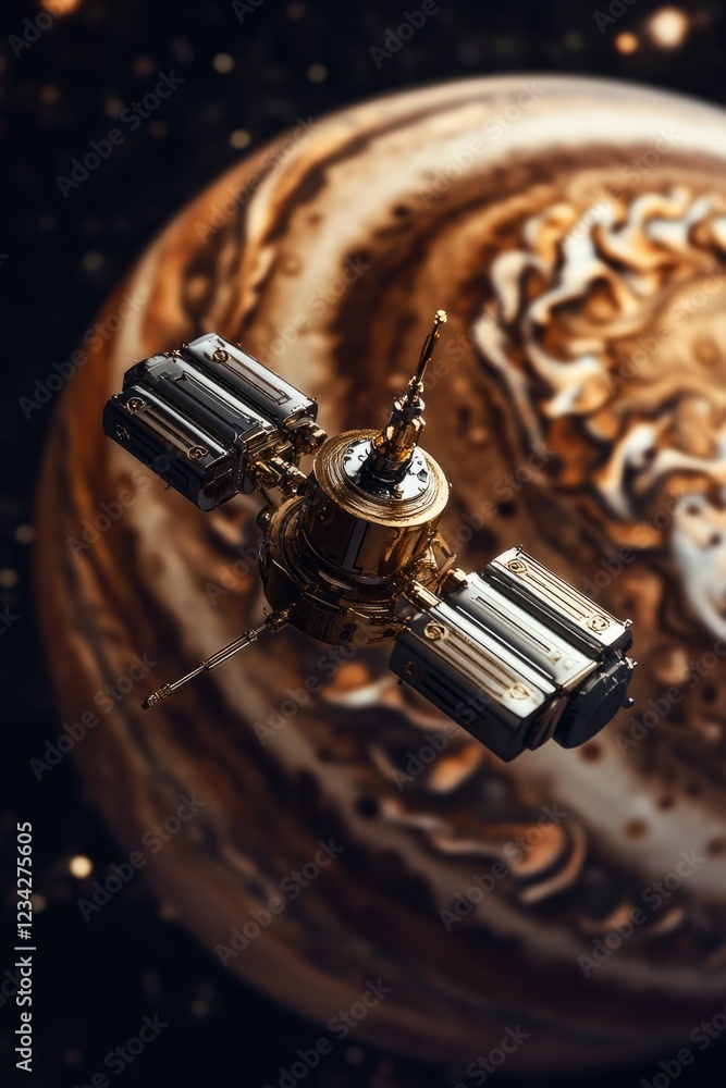 Poster a space station orbiting a distant planet with clouds and terrain visible