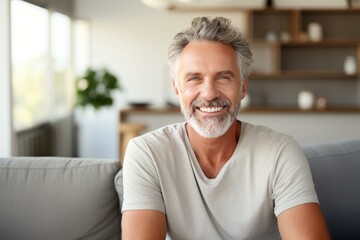 Portrait of a cheerful mature man with gray hair and beard smiling while sitting on a comfortable sofa in his modern living room