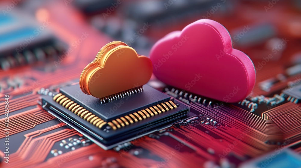 Poster cloud computing concept with microchip and colorful cloud icons