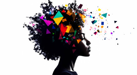 A woman's head with a colorful, abstract design surrounding it