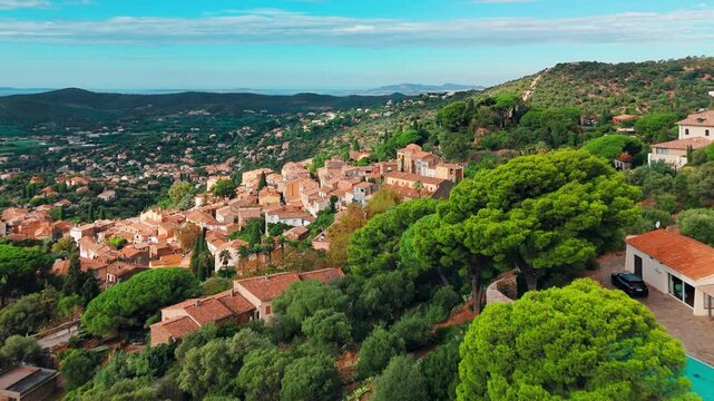 Aerial view of the Bormes les memosas picturesque village, French riviera