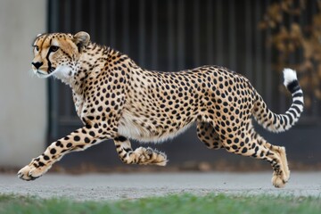 Fototapeta premium Wild cheetah sprinting across a lush green meadow, great for sports or wildlife themes