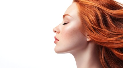 Fototapeta premium A profile view of a woman with flowing red hair, showcasing her smooth skin and serene expression against a white background.