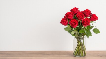 Fototapeta premium Brightly Lit Red Rose Bouquet in Glass Vase on Wooden Table Against White Wall