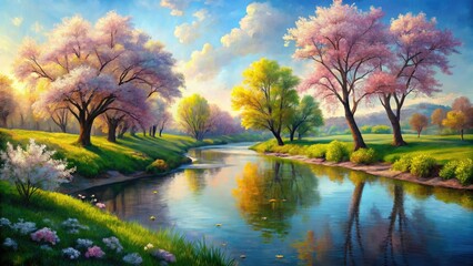 Serene spring river, minimalist oil painting.  Flowering trees bloom in digital artistry.