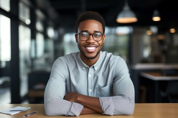 Obraz premium Portrait of a smiling african american businessman sitting at his desk in a modern office