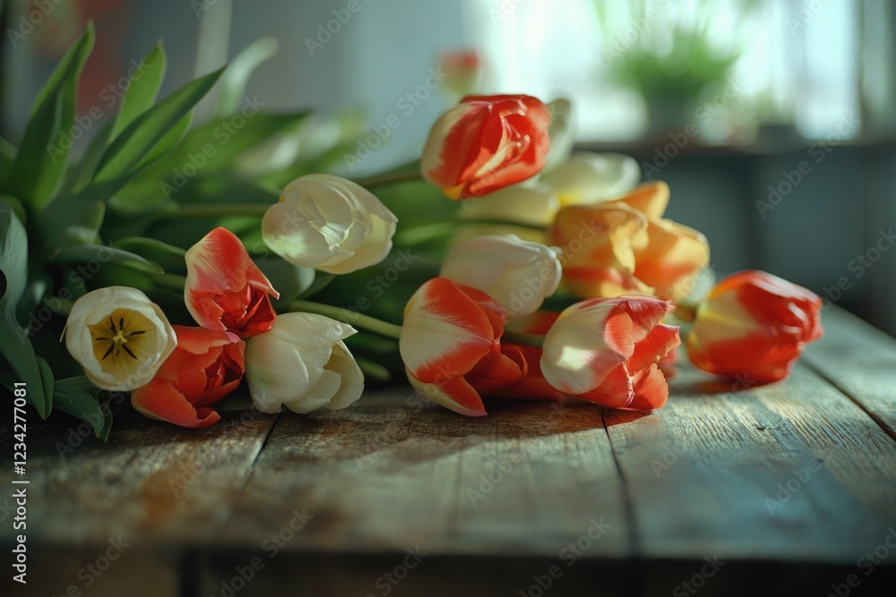 Poster a bouquet of red and white tulips arranged on a table with a simple background