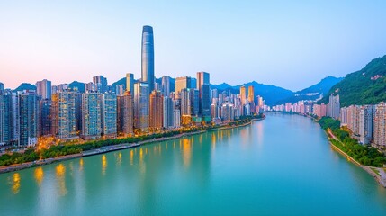 Obraz premium City Skyline at Dawn with River and Mountains