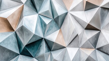 Fototapeta premium Abstract geometric textured wall with grey, blue, and beige triangular patterns.