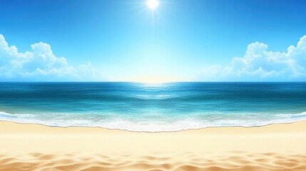 Obraz premium Serene Beach Landscape with Golden Sand and Crystal Clear Ocean Under Bright Blue Sky