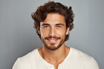 Fototapeta premium Handsome smiling man with brown hair and beard posing on gray background
