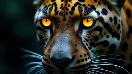 Fototapeta premium Majestic leopard with golden eyes and intricate spotted fur, prowling through the shadows with an intense and focused expression.