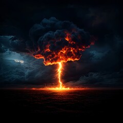 Fiery Explosion and Lightning Storm Over Dark Ocean