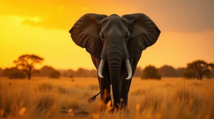 Obraz premium Majestic elephant walking through golden grasslands during sunset, casting a silhouette against the glowing sky, symbolizing power and nature’s beauty.