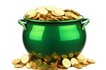 Large Green Pot with Gold Coins Isolated on transparent Background. St. Patrick's Day concept