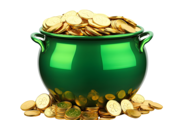 Large Green Pot with Gold Coins Isolated on transparent Background. St. Patrick's Day concept