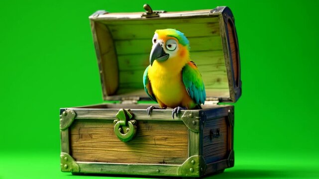 Parrot in treasure chest, green screen, animation