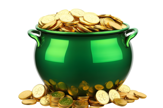 Large Green Pot with Gold Coins Isolated on transparent Background. St. Patrick's Day concept - Powered by Adobe