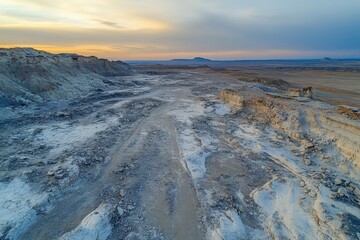 Naklejka premium Vast landscape showcases rugged terrain and dramatic sky during twilight in a remote desert region