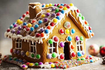 A close-up view of a small ginger house on a table, ideal for using as a decorative element or in a still life composition