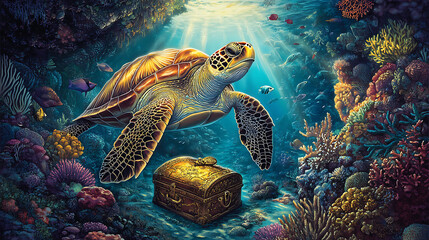 Sea Turtle and Treasure Chest in Vibrant Coral Reef