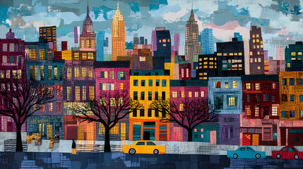 Obraz premium Cityscape Urban Buildings Night City Yellow Cab Tree Art