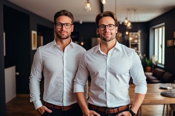 Obraz premium Two handsome businessmen wearing white shirts and eyeglasses posing in modern office