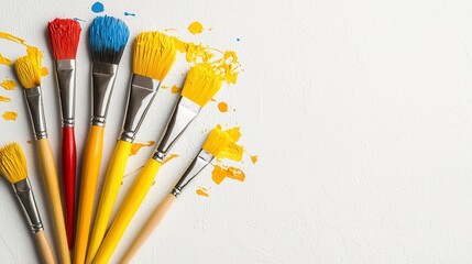 Fototapeta premium Colorful Paintbrushes and Yellow Paint Splatters on White Textured Background