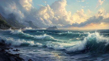 Obraz premium 台風一過の荒れた海と静まり始める波、自然の力と回復の風景